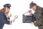 Modern female police officer and historical Sherlock Holmes detective.  White background